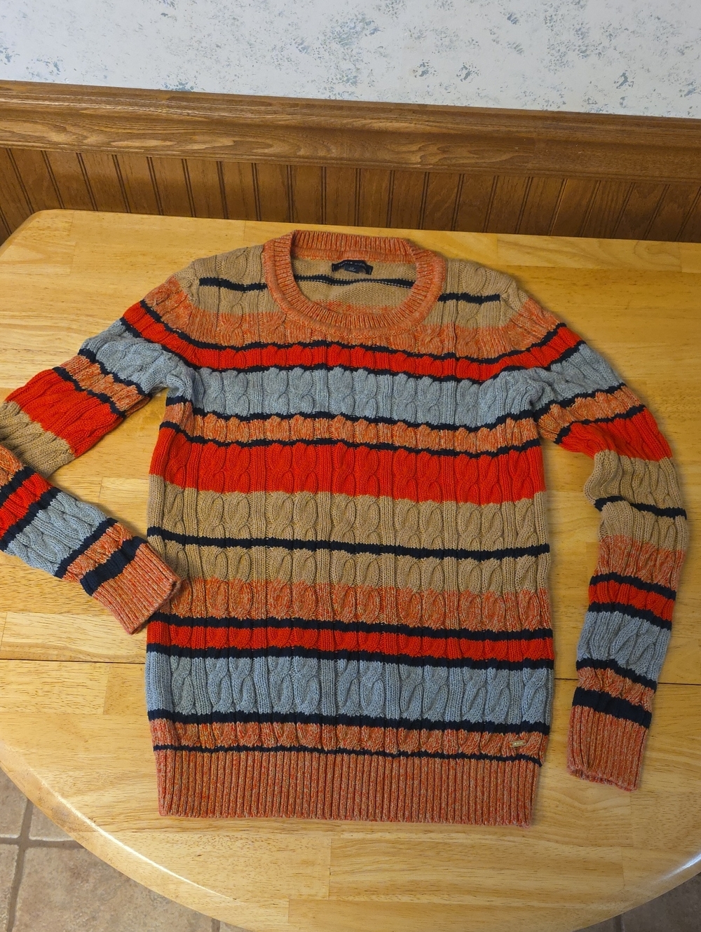 Women's Multicolor Striped Cable-Knit Sweater - Orange/Tan/Blue
